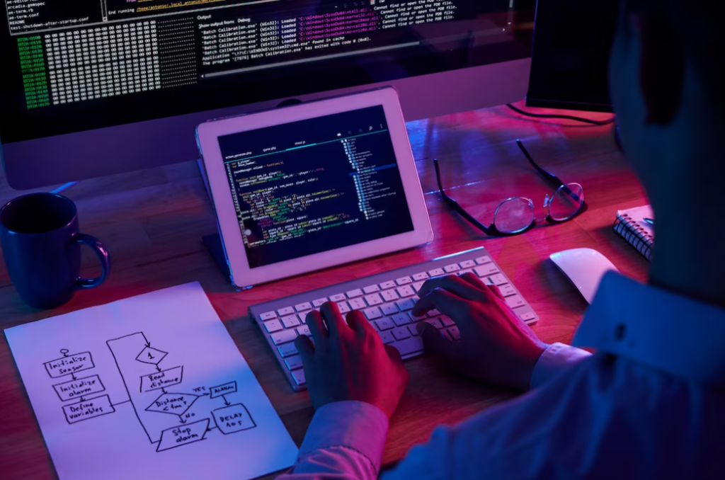 person in white shirt typing on the keyboard and looking at the tablet