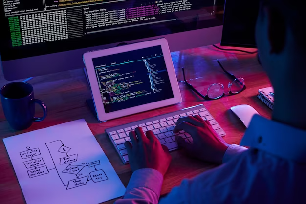 A man is engaged in programming