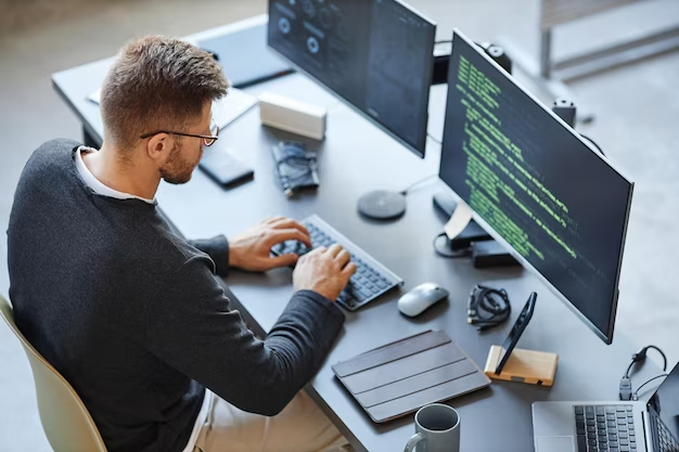 A man is engaged in programming